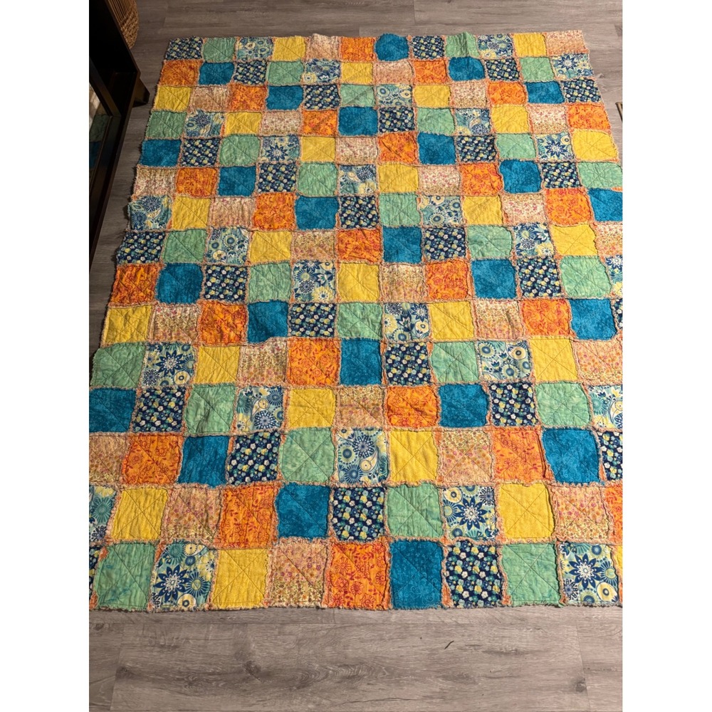 Handmade Patchwork Rag Quilt Floral Geometric Blue Orange Yellow 70x56